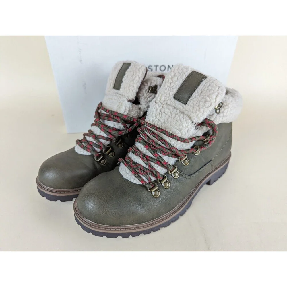 Sun Stone Glenn Winter Boots Mens 7.5 M Olive Faux Fur Trimmed Lace Up Shoes NWB